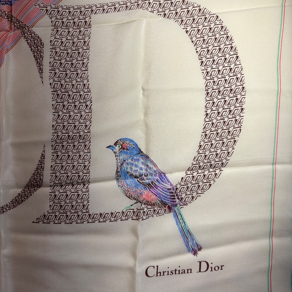 Vintage Christian Dior Silk Scarf Ivory Stripes and Birds Monogram - Picture 9 of 12